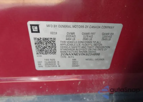 2019 Chevrolet Equinox Premier из США, поврежденный, VIN 2GNAXNEV0K6234898